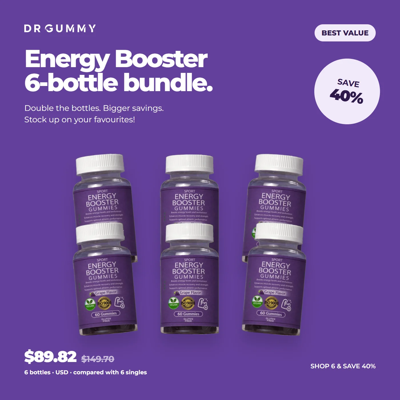 6 bottles of Energy Booster Gummies, save 40%