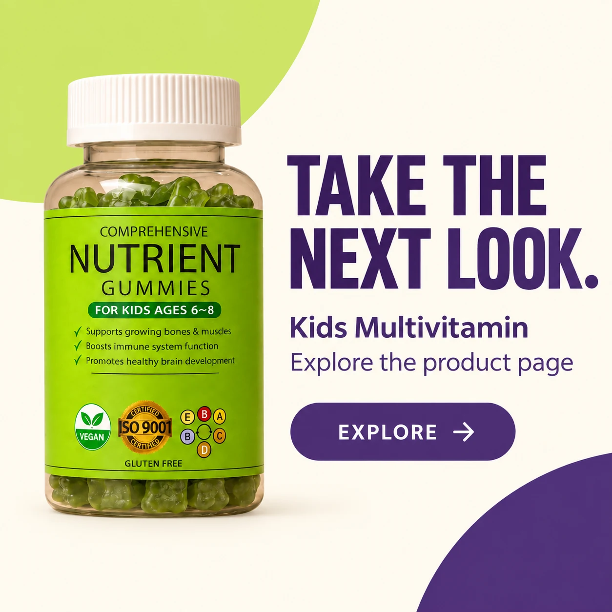 Kids Multivitamin bottle and TikTok Shop product-page invitation