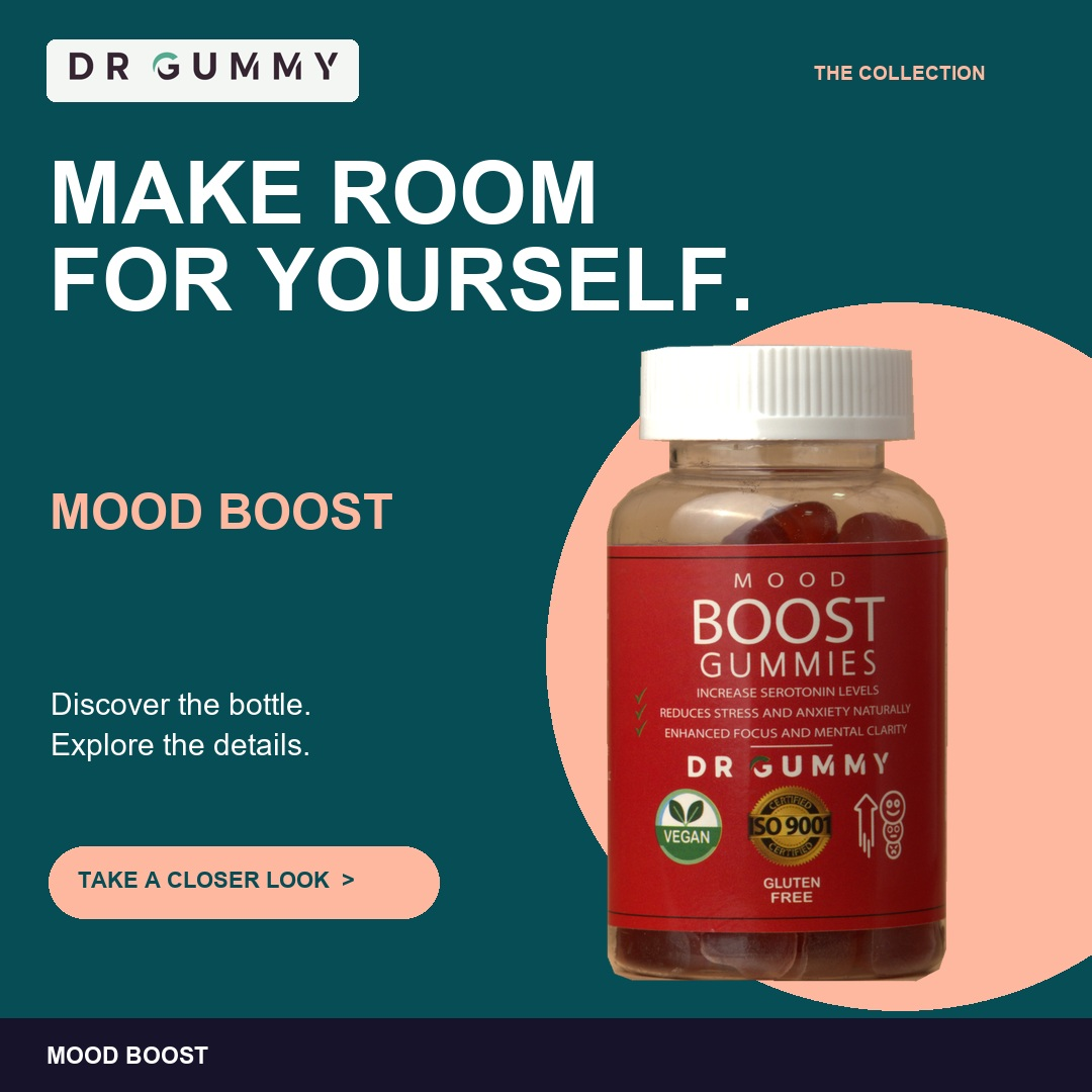 Dr Gummy Mood Boost bottle on a teal and coral background.