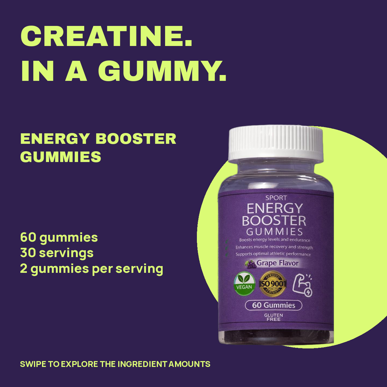 Energy Booster Gummies original bottle; 60 gummies and 30 two-gummy servings