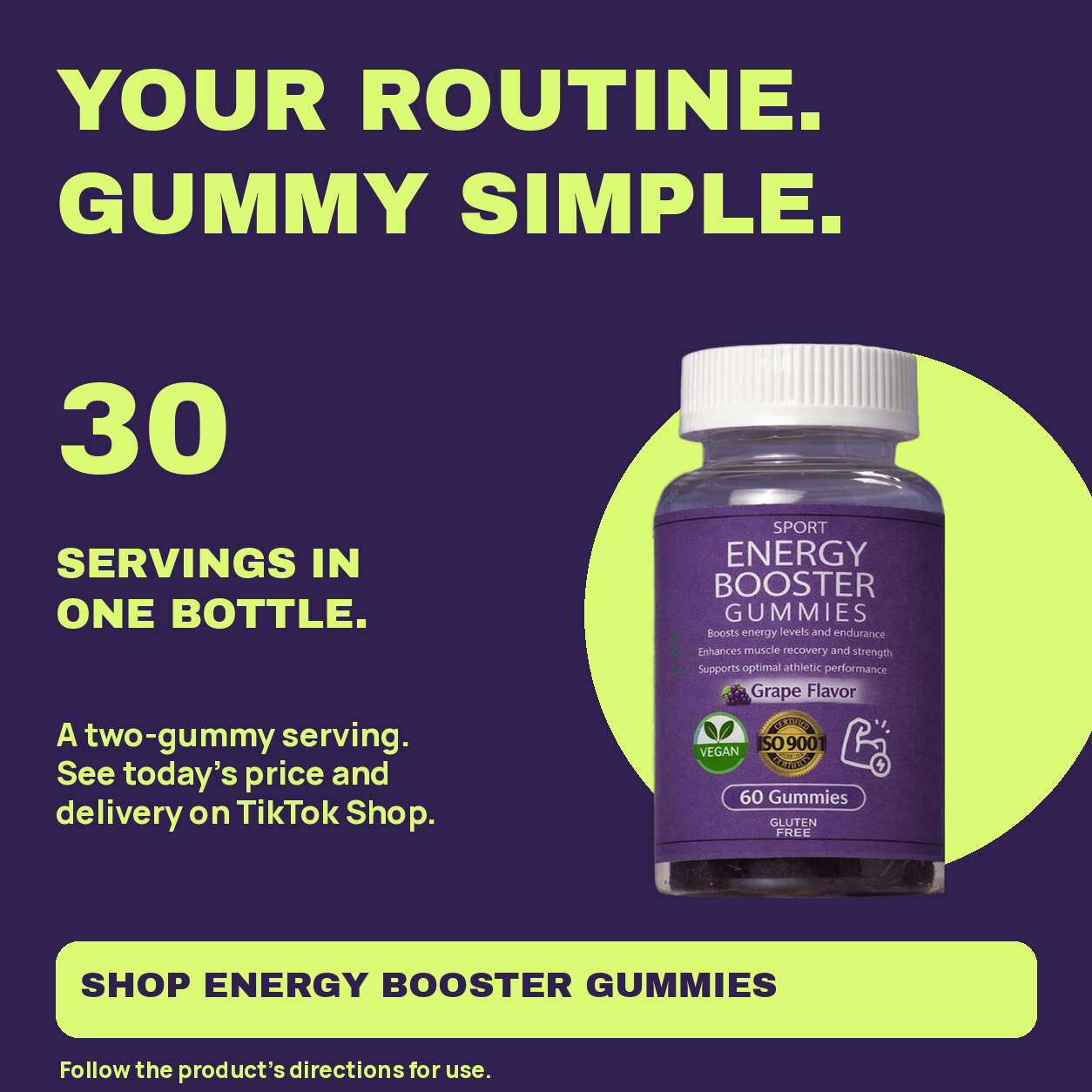 Energy Booster Gummies original bottle with 30 two-gummy servings; shop the exact product on TikTok Shop